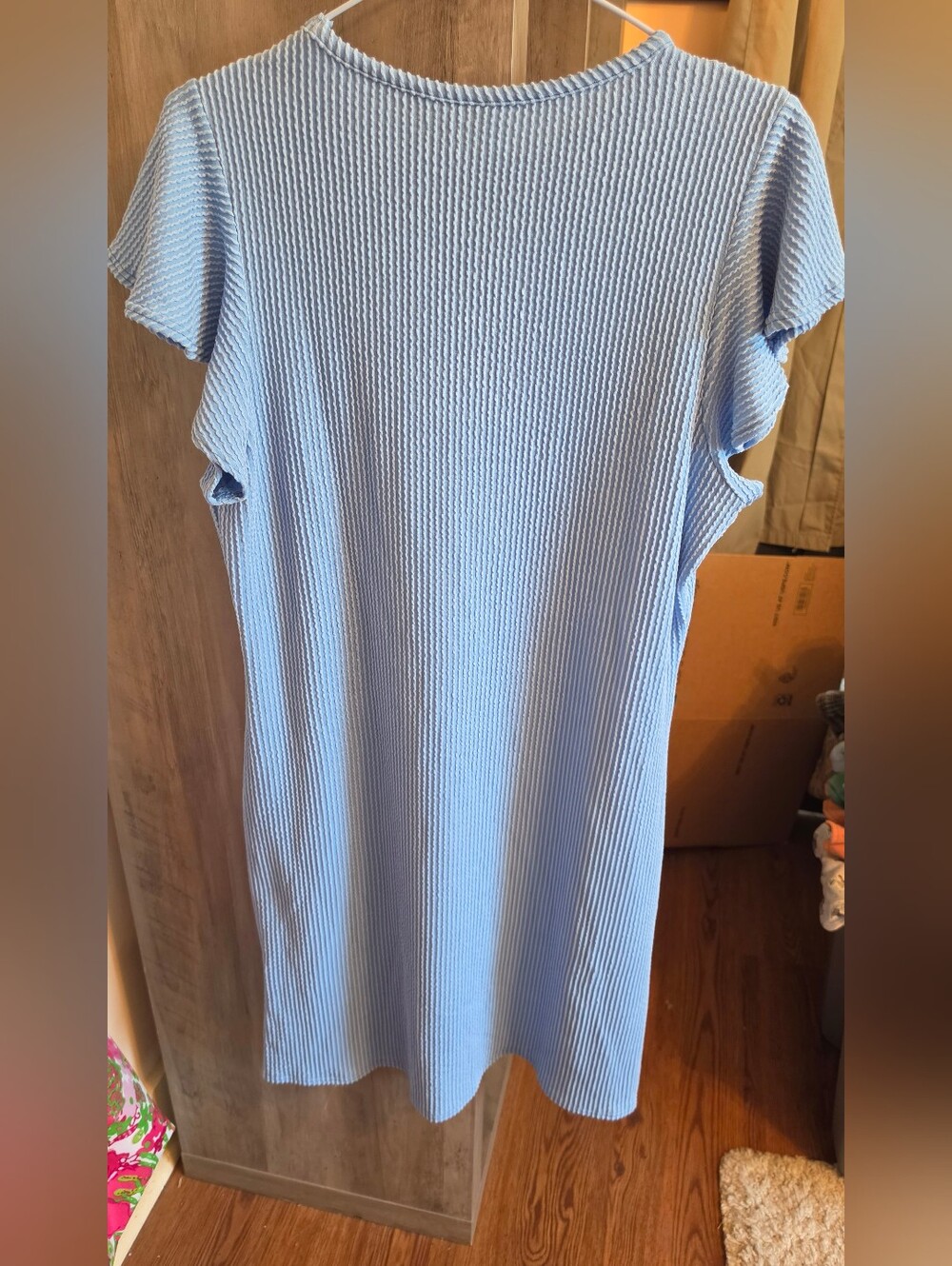 Light Blue Ribbed Midi Dress with Ruffle Sleeves - Picture 4 of 4